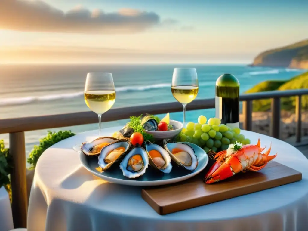 Exquisita cena de mariscos y vinos al atardecer junto al mar Un escenario costero pintoresco al atardecer con una mesa de madera rústica llena de vinos y mariscos frescos