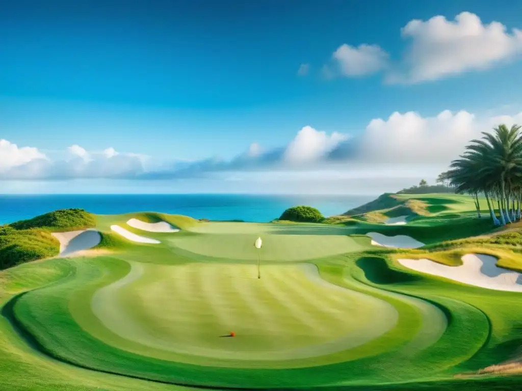 Campo de golf costero: lujo y tranquilidad junto al mar Un escenario idílico de campos de golf con vistas al mar, donde golfistas disfrutan de un día soleado y tranquilo