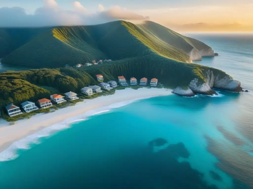 Costa salvaje y lujosa: atardecer dorado y aguas turquesa Un escenario idílico de propiedades costeras de lujo en una costa escarpada, con aguas turquesas y playas doradas, bajo una cálida puesta de sol