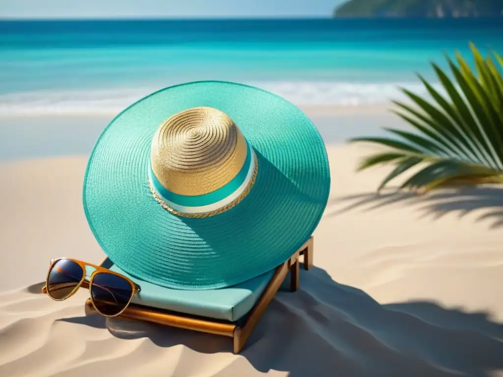 Escena de playa de lujo con sombrilla y accesorios de diseñador Un escenario playero lujoso con aguas turquesas cristalinas, arena dorada y sombrilla protegiendo de la luz solar con estilo playero