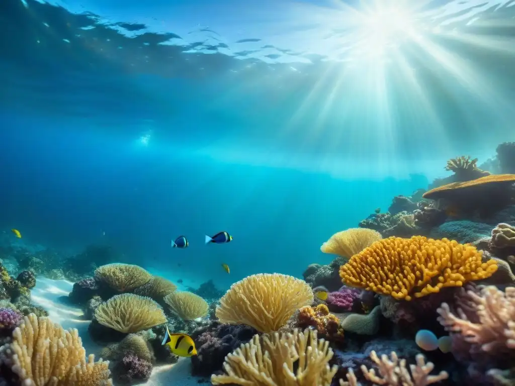 Joyas inspiradas en el océano: escena submarina vibrante y serena Un escenario submarino sereno con arrecifes de coral vibrantes y peces coloridos, caballitos de mar delicados y agua cristalina