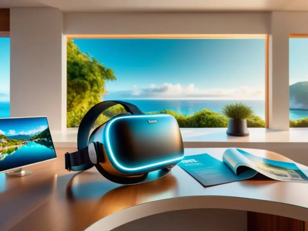 Realidad virtual en inmobiliaria: lujo y tecnología 8k Un escenario vanguardista con tours virtuales propiedades costeras 360, un headset de realidad virtual, laptop y equipo tecnológico