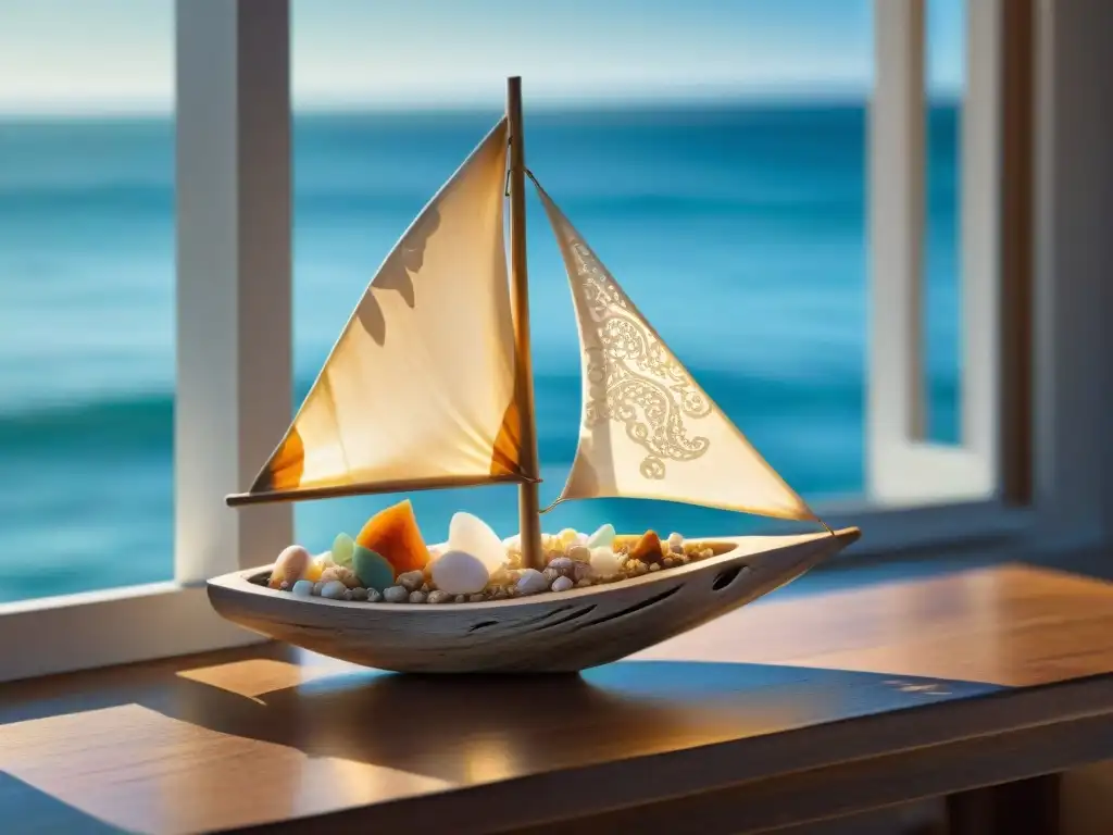 Escultura de madera a la deriva de velero con conchas y vidrio marino Escultura de madera a la deriva de un velero majestuoso con detalles marinos y vidrio de mar, decoración costera para hogar