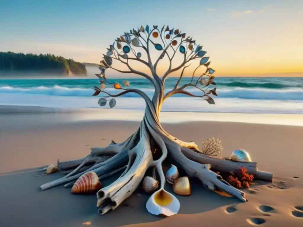 Esculturas sostenibles en la costa: arte reciclado en atardecer playero Esculturas de arte costero sostenible en playa al atardecer