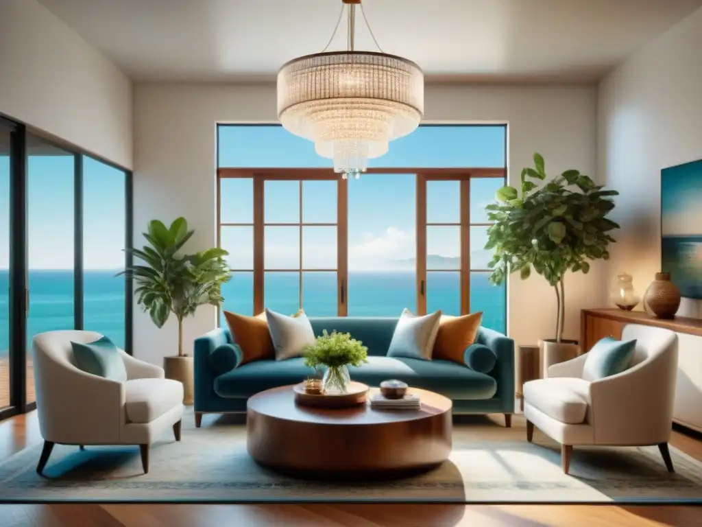 Salón costero de lujo: fusión moderna y clásica Esencia costera: sala lujosa con elementos modernos y clásicos, sofá contemporáneo junto a mesa de café de madera vintage con decoración costera elegante, bañada por luz natural resaltando detalles de alfombra persa y ambiente sofisticado con arte y plantas