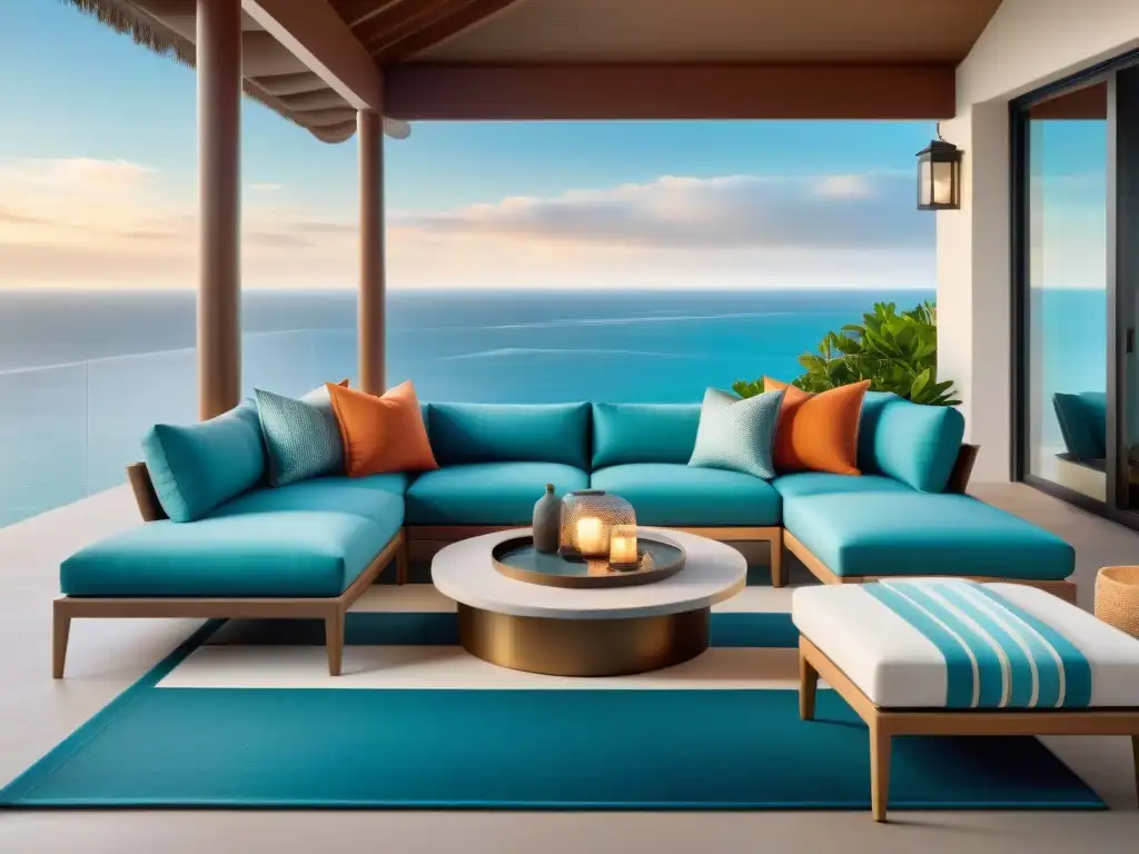 Exclusivo espacio exterior costero con textiles de lujo Un espacio de vida al aire libre de lujo frente al mar con textiles elegantes y resistentes al clima costero