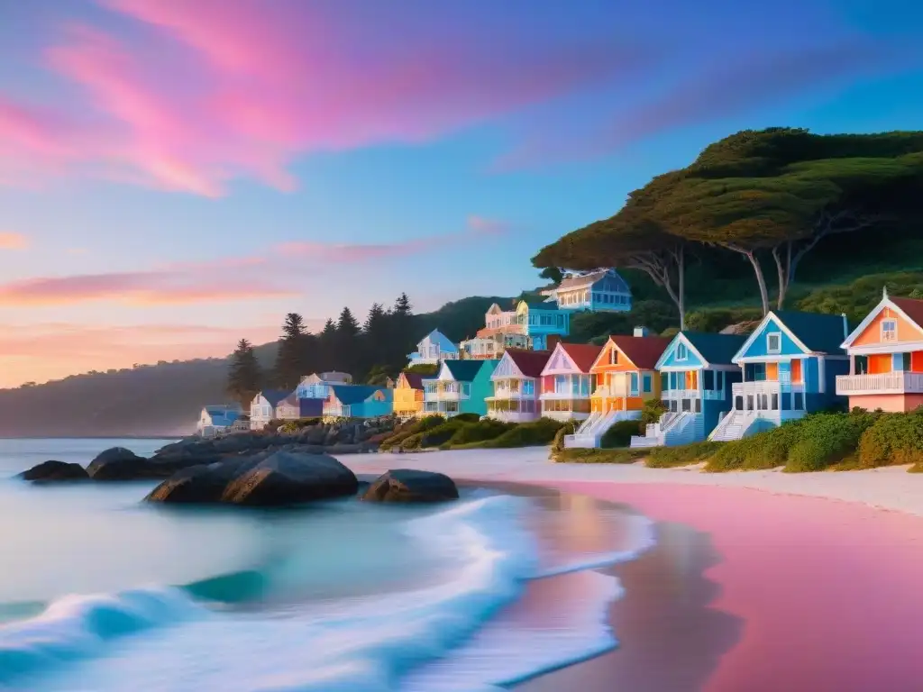 Amanecer costero: casas de playa en tonos pastel Espectacular amanecer costero con casas de colores frente al mar