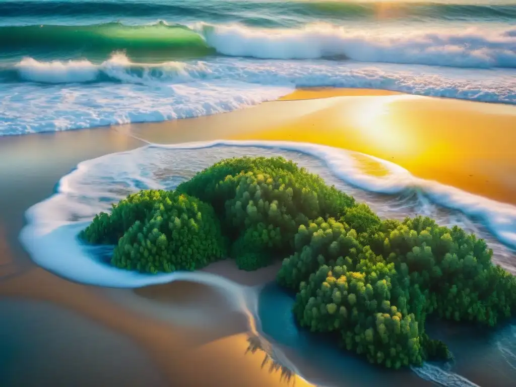 Espléndido amanecer en playa virgen: serenidad costera Espectacular amanecer en una playa virgen, con olas suaves, gaviotas y vegetación exuberante