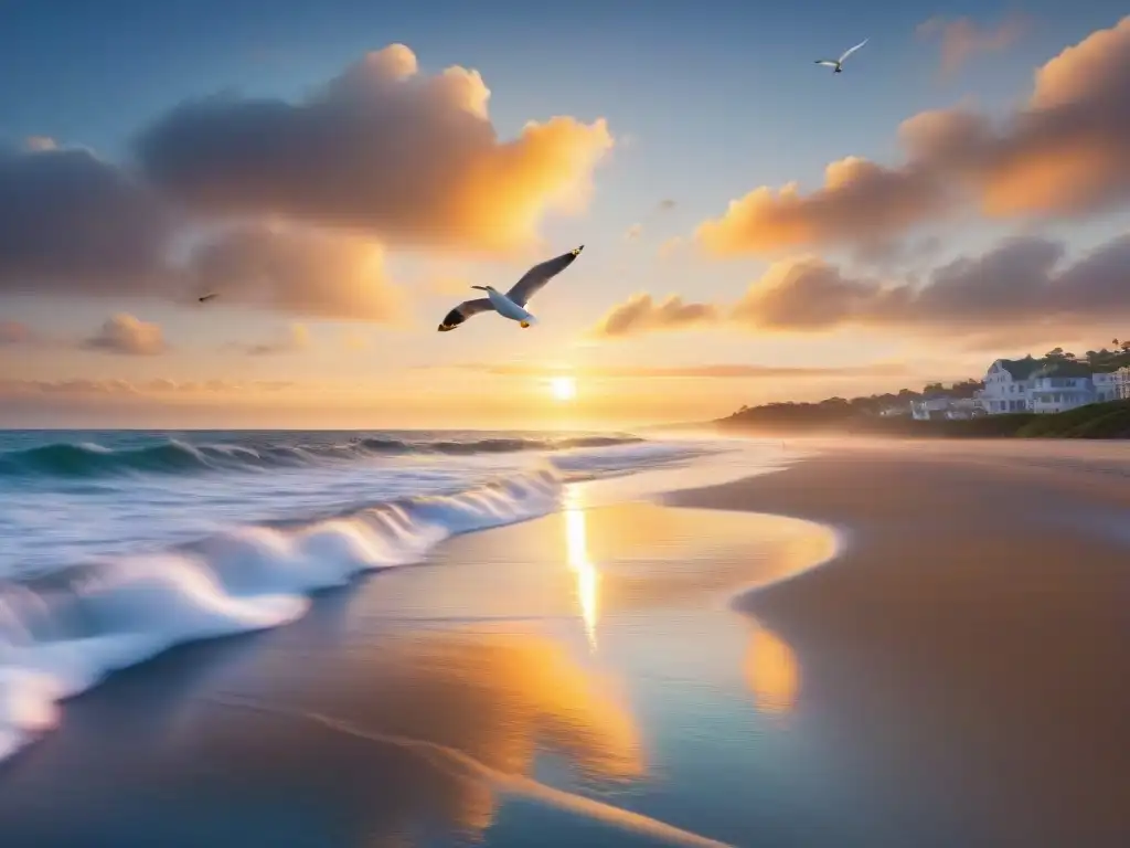 Amanecer dorado sobre el mar: belleza y serenidad costera Espectacular amanecer en la playa, reflejando la serenidad y beneficios de vivir cerca del mar