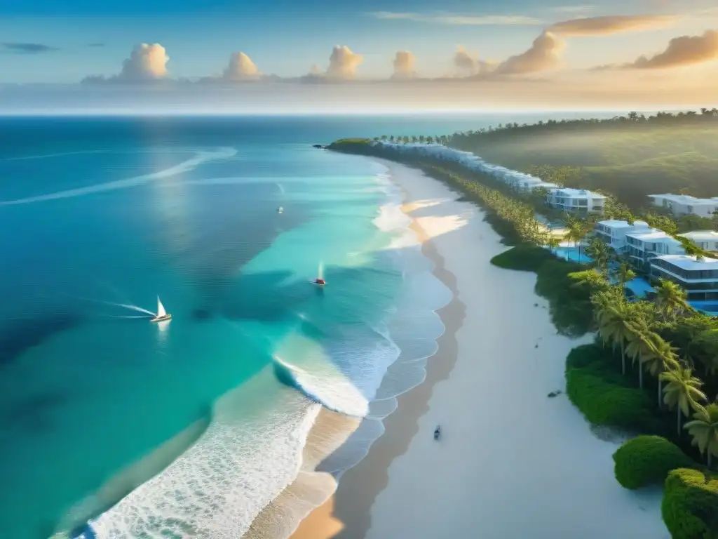 Costa paradisíaca al atardecer: lujo y naturaleza Espectacular atardecer en costa virgen con aguas turquesa cristalinas y playas doradas, ideales para invertir en propiedades costeras de lujo