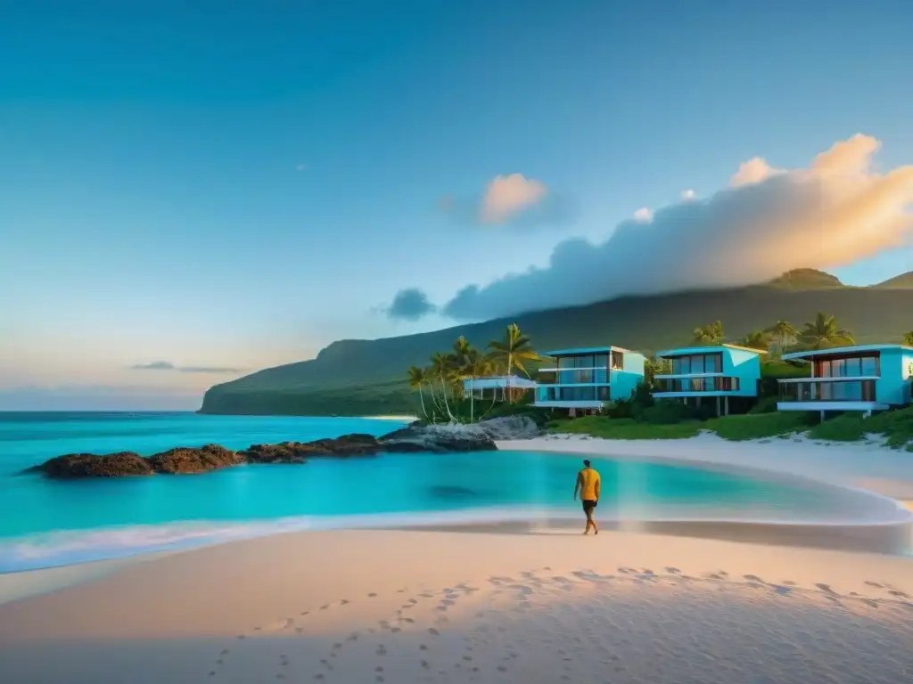 Costa paradisíaca al atardecer: lujo y tranquilidad en playa de ensueño Espectacular atardecer en costa con playas y propiedades costeras
