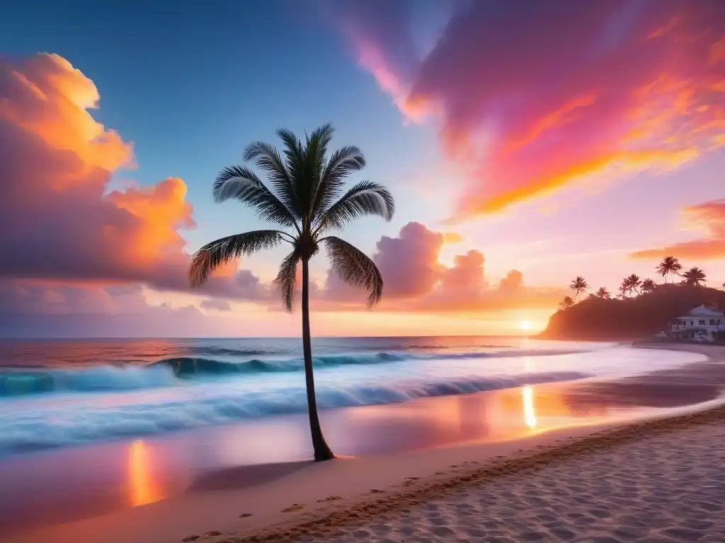 Atardecer vibrante en la playa: tranquila serenidad al caer la noche Espectacular atardecer costero con palmeras en silueta