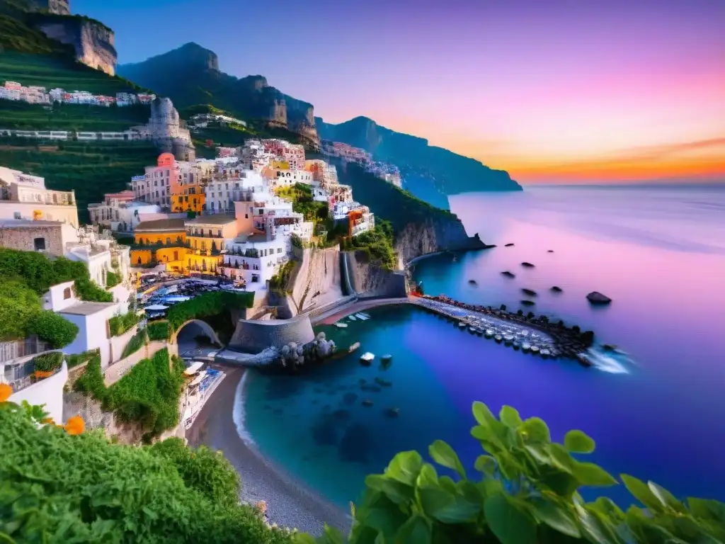 Puesta de sol impresionante en la Costa Amalfitana: colores vibrantes sobre el mar Espectacular atardecer sobre la pintoresca Costa Amalfitana, ideal para una escapada romántica