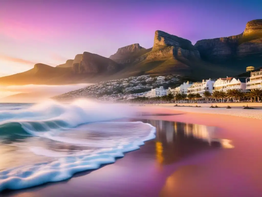Atardecer dorado en Camps Bay Beach, Sudáfrica Espectacular atardecer en la playa de Camps Bay, Sudáfrica