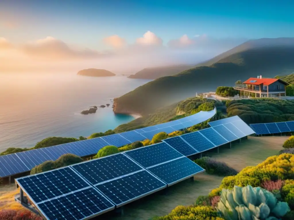 Puesta de sol eco-friendly en propiedad costera Espectacular atardecer sobre propiedad costera con paneles solares y vida marina