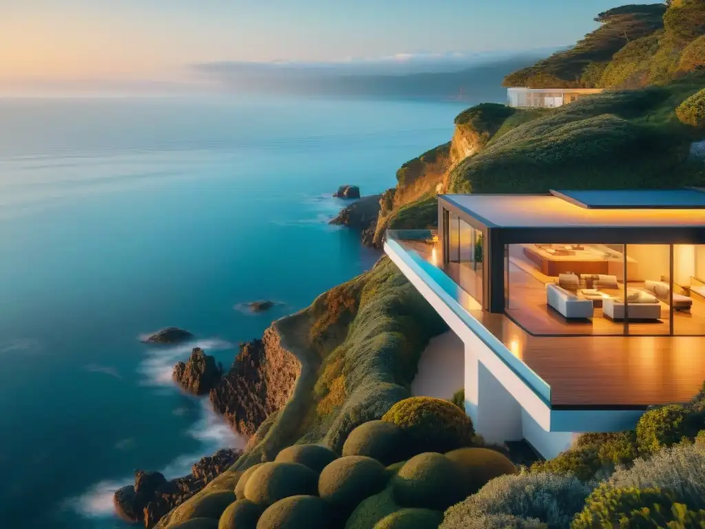 Residencia costera moderna en acantilado frente al mar al atardecer Espectacular casa costera de diseño arquitectónico moderno en acantilado con vistas al mar al atardecer