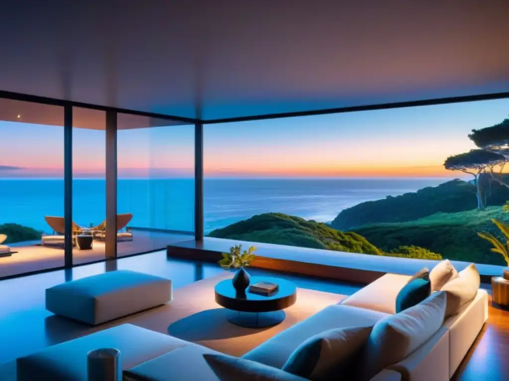 Residencia costera moderna de lujo: armonía entre interior y naturaleza Espectacular casa costera moderna con ventanales panorámicos frente al mar bajo un cielo vibrante al atardecer