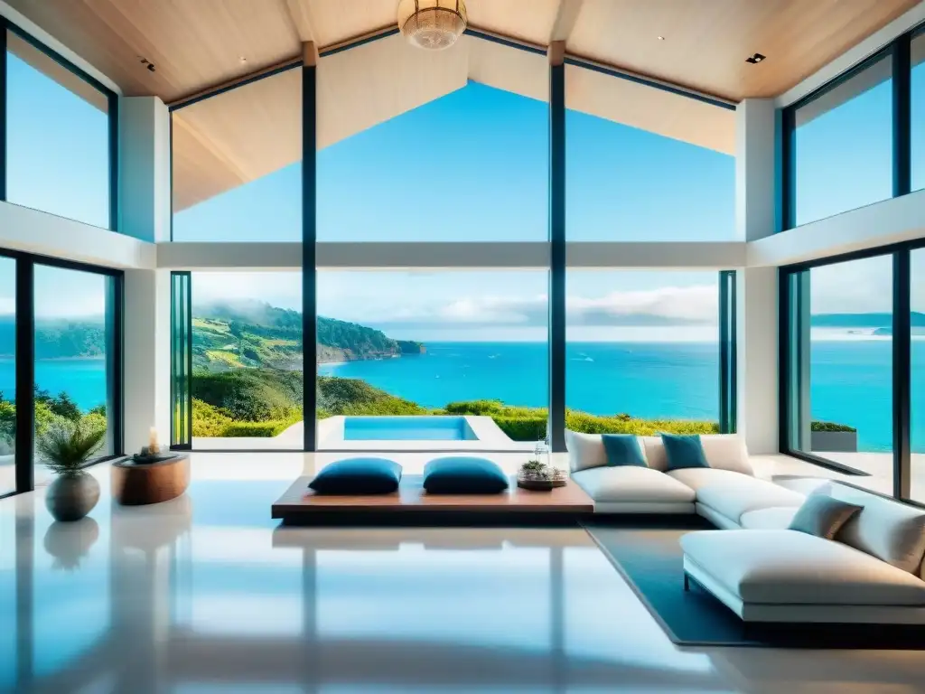 Hogar de lujo en la costa: diseño moderno con vistas al mar Espectacular casa costera con ventanales panorámicos que enmarcan el mar y un diseño interior elegante