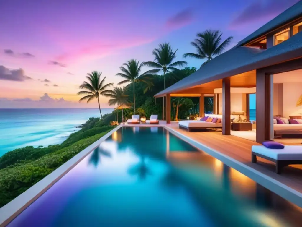 Suntuosa residencia de playa al atardecer: lujo y serenidad Espectacular casa de playa de lujo al atardecer con piscina infinita privada y vista al mar
