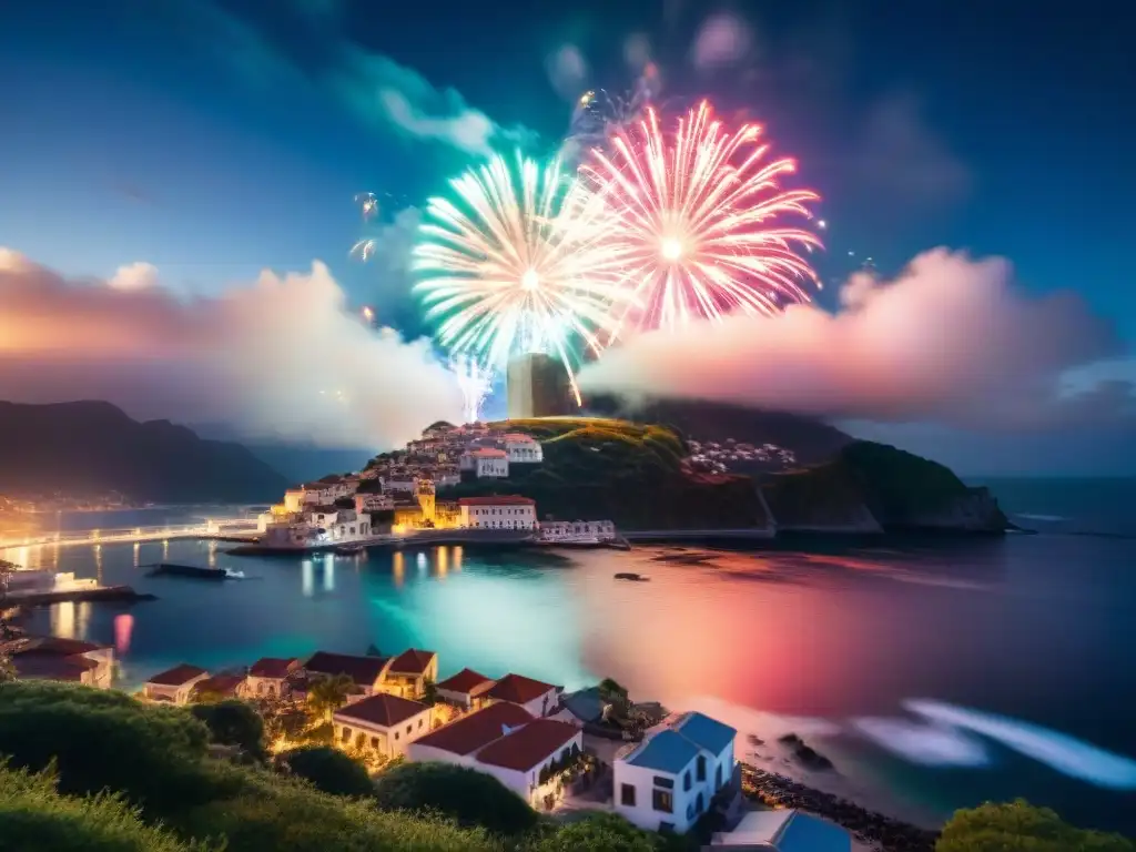 Espectacular espectáculo de fuegos artificiales en la costa Espectacular celebración de Año Nuevo en la costa con fuegos artificiales iluminando el cielo nocturno y reflejándose en el mar