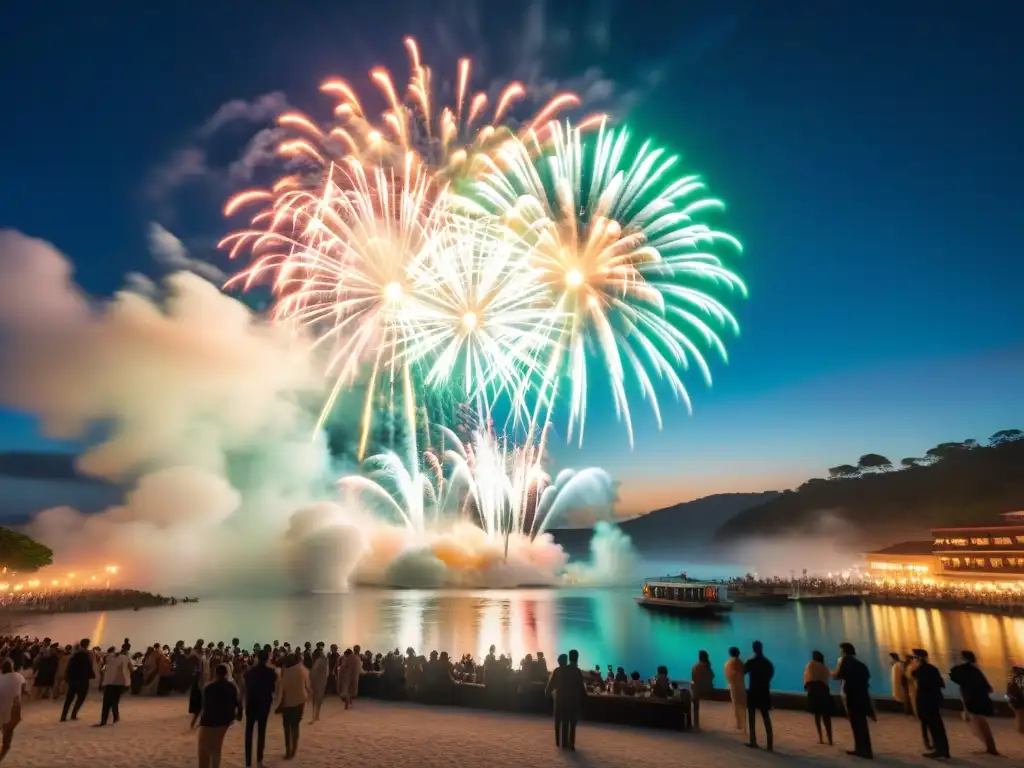 Espectáculo de fuegos artificiales en la costa en Nochevieja Espectacular celebración de Año Nuevo en la costa con fuegos artificiales vibrantes reflejados en el agua