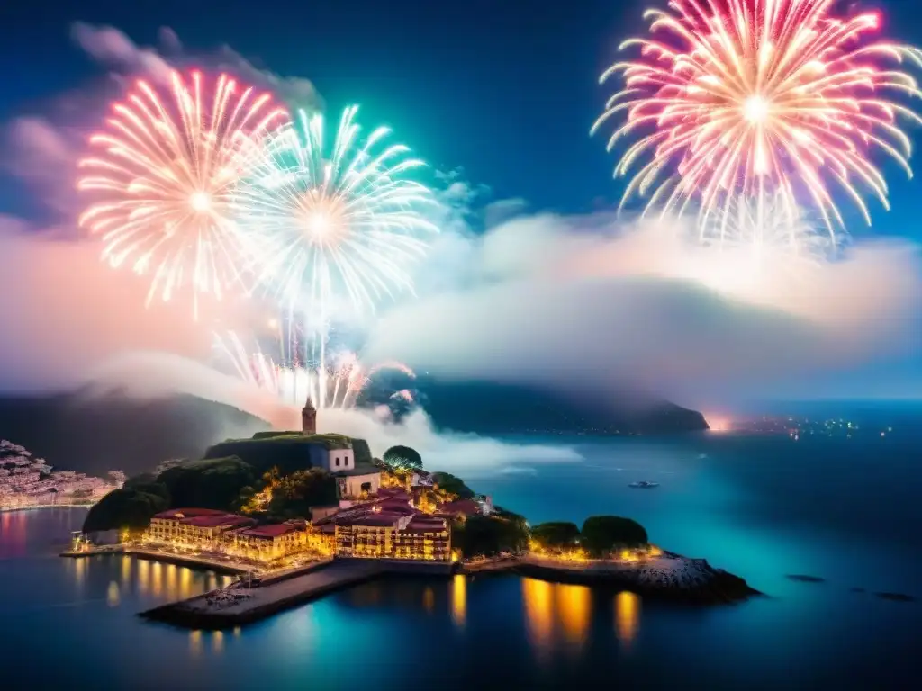Espectacular ciudad costera iluminada por fuegos artificiales Espectacular ciudad costera iluminada por fuegos artificiales, mezcla perfecta de celebración y tranquilidad