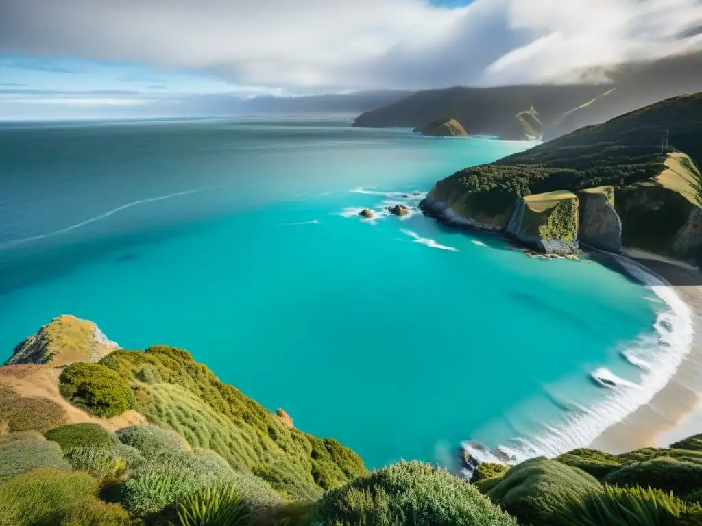 Costa salvaje de Nueva Zelanda: acantilados dramáticos y aguas turquesas Espectacular costa de Nueva Zelanda con acantilados dramáticos y aguas turquesas del Mar de Tasmania