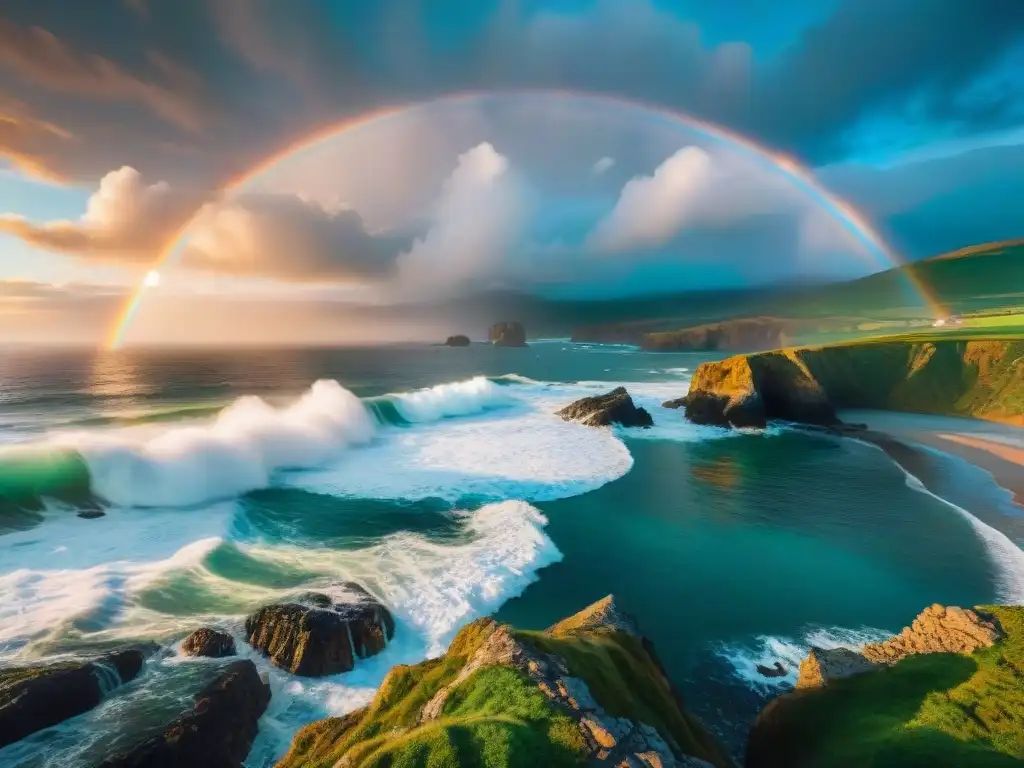 Costa salvaje al amanecer: arcoíris sobre el mar Espectacular fotografía costera en diferentes climas con arcoíris al amanecer y gaviotas volando