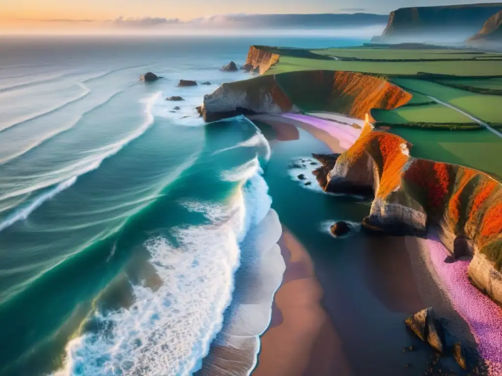 Erosión costera al atardecer: belleza natural impactante Espectacular erosión costera al atardecer con olas impactando en acantilados y cielo naranja y rosa