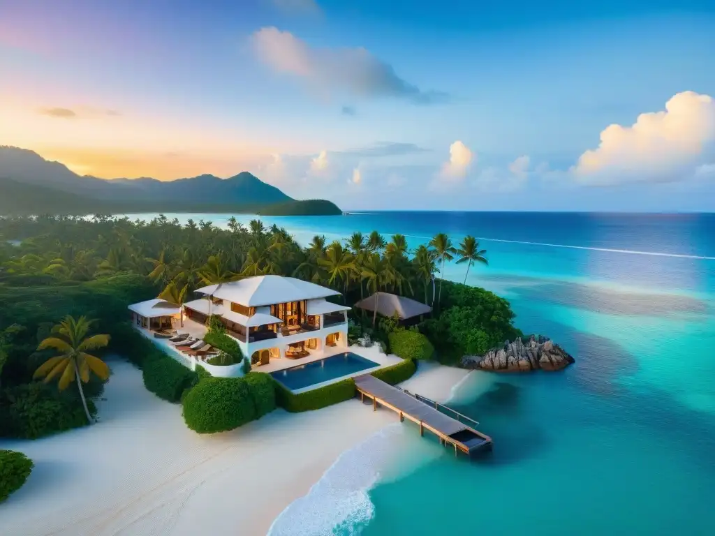 Mansión de lujo frente al mar con piscina infinita privada al atardecer Espectacular mansión frente al mar con piscina infinita privada, palmeras y un yate en el muelle