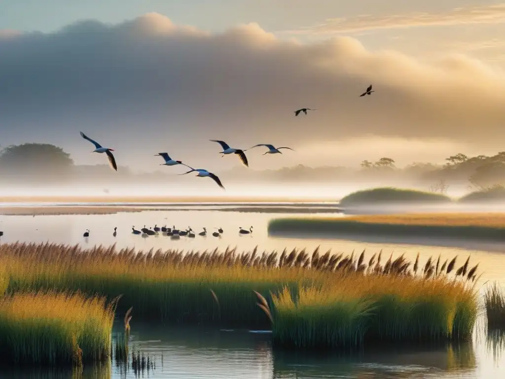 Reserva costera al amanecer: belleza y aves migratorias Espectacular humedal costero al amanecer con aves migratorias, reflejando la importancia de conservar estos hábitats naturales