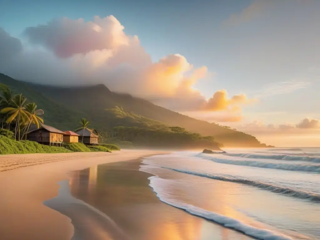 Paraíso tropical: amanecer en playa costarricense Espectacular playa costarricense al amanecer con surfistas y tablas