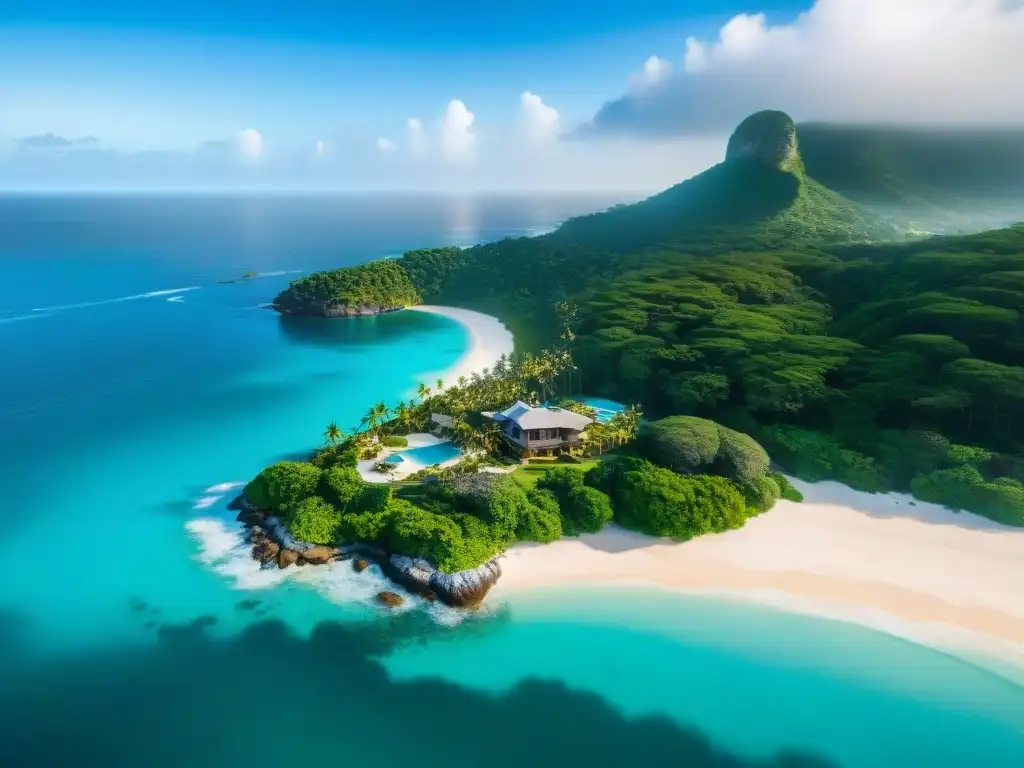 Propiedad costera de lujo: vista aérea impresionante Espectacular propiedad costera entre aguas turquesas y exuberante vegetación, destacando su arquitectura elegante
