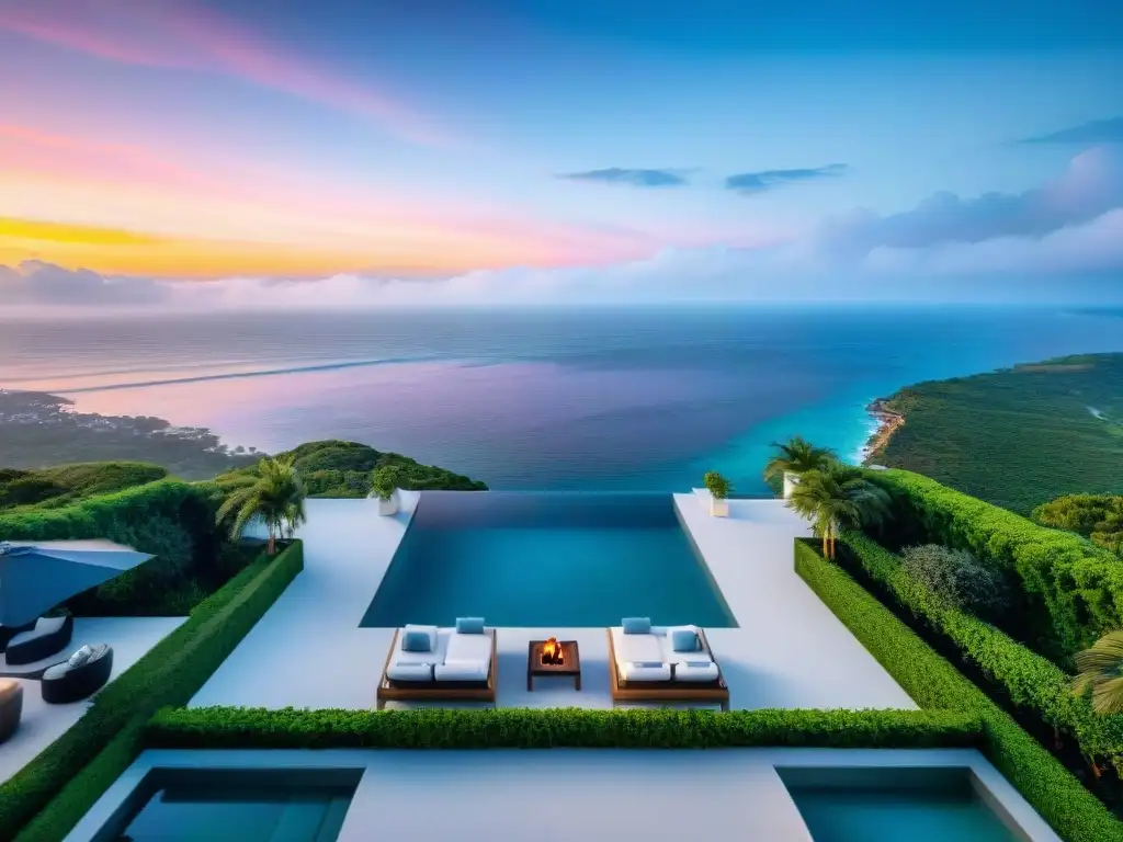 Propiedad costera de lujo: terraza, piscina infinita y atardecer Espectacular decoración de exteriores en propiedad costera de lujo con terraza, piscina infinity y área de fogata, todo frente al mar al atardecer