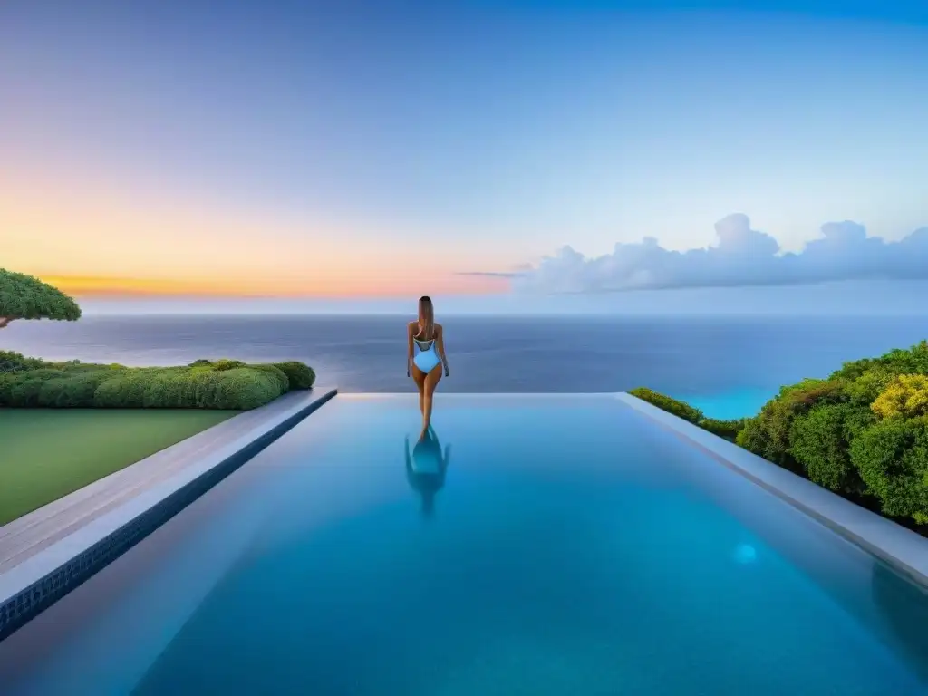 Propiedad costera de lujo: piscina infinita en el mar Espectacular decoración de exteriores en propiedad costera con piscina infinita y vistas al mar al atardecer