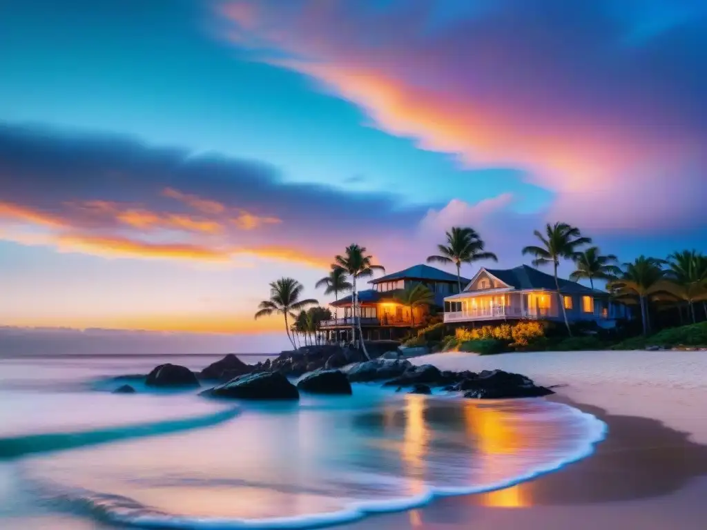 Esplendor costero al atardecer: inversión en propiedades frente al mar Espectacular pueblo costero al atardecer, con propiedades lujosas junto al mar y palmeras meciéndose