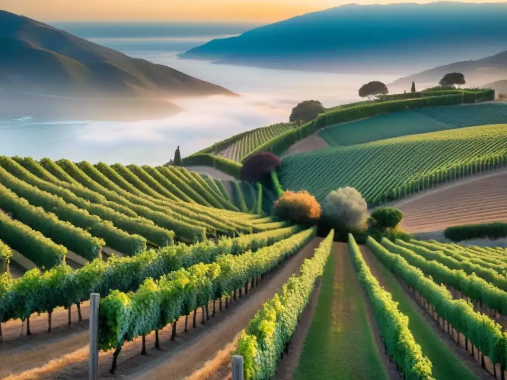 Puesta de sol dorada sobre viñedos de California y el océano Pacífico Espectacular puesta de sol dorada sobre viñedos en California, con el océano Pacífico al fondo