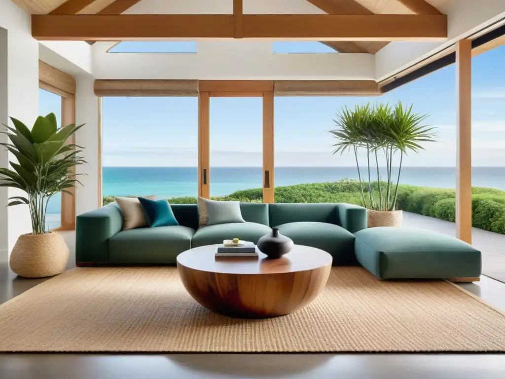 Sala costera sostenible con vista al mar Espectacular sala de estar costera con materiales sostenibles, ventana al mar y decoración ecoamigable