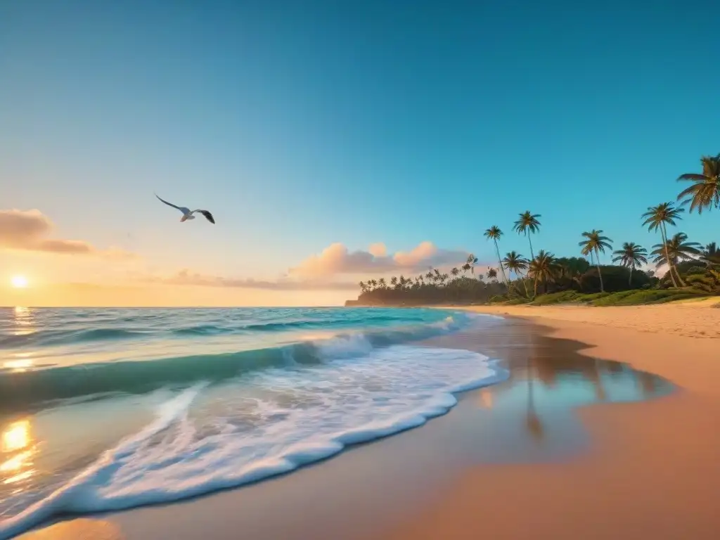 Paraíso tropical al atardecer: playa de arena blanca y aguas turquesas Un espectacular tour virtual de propiedades costeras 360, con una playa de arenas blancas y aguas turquesas bajo un cálido atardecer