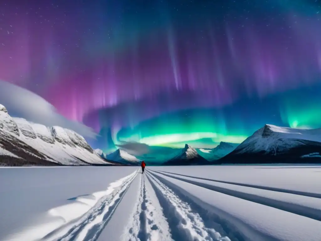 Espectacular aurora boreal verde y morada sobre paisaje nevado en Noruega Espectacular aurora boreal verde y morada sobre la costa de Noruega, hipnótica danza de luces y colores en el cielo nocturno