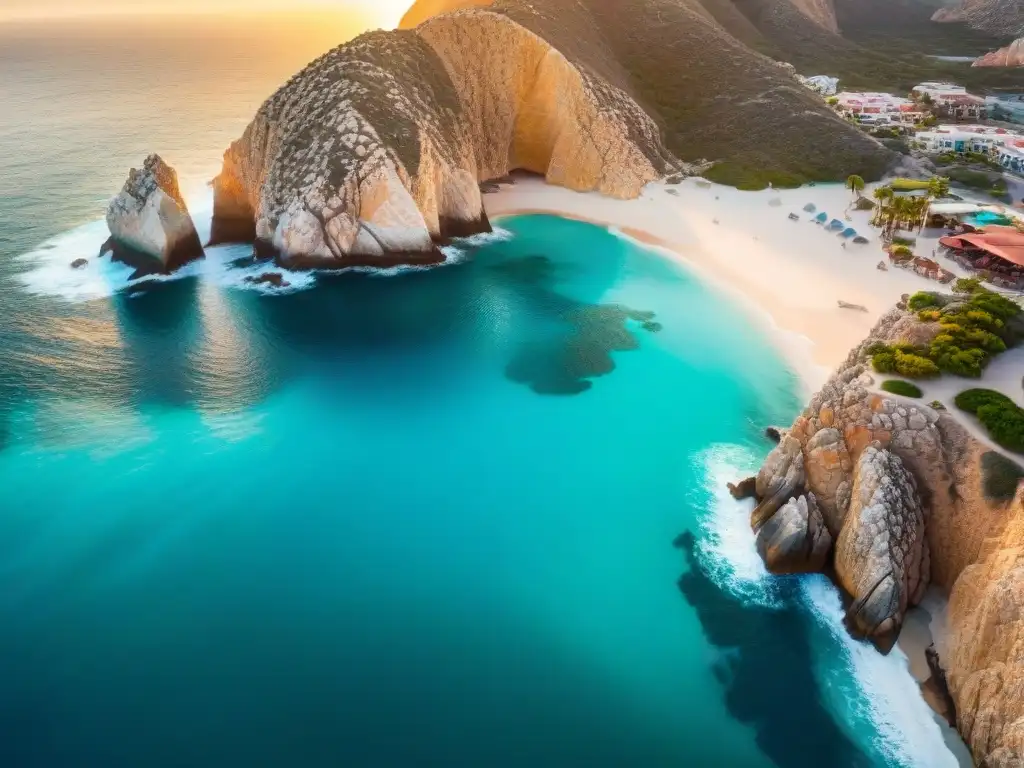 Espléndido atardecer en el Arco de Cabo San Lucas Espectacular vista aérea del icónico Arco de Cabo San Lucas al atardecer, rodeado de aguas turquesa