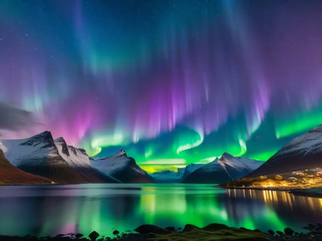 Espectacular aurora boreal sobre costa noruega Espectaculares Auroras Boreales iluminando la Costa Noruega en una noche estrellada