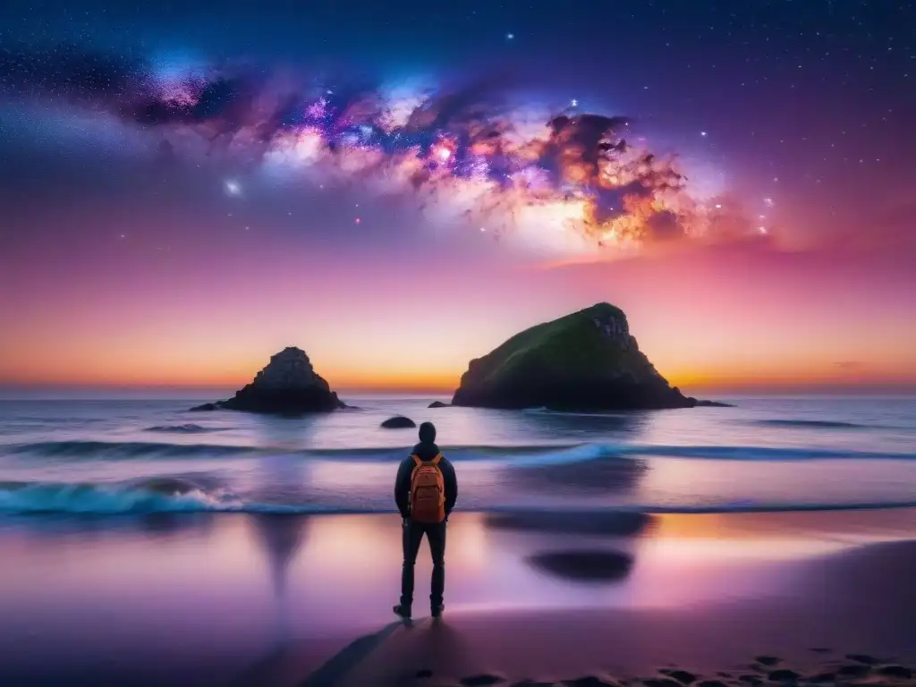 Tranquilidad estelar al atardecer en la costa Un espectáculo celestial: transición de día a noche en la costa