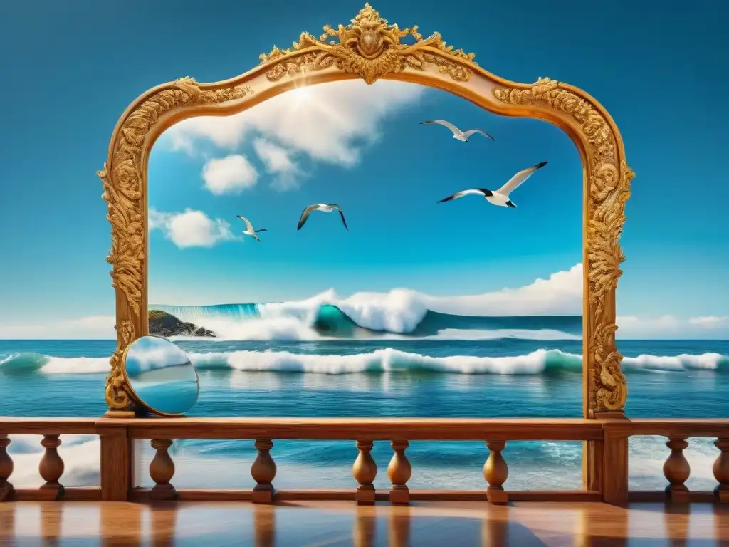 Espejo antiguo reflejando el mar: belleza surrealista Un espejo antiguo refleja la belleza del océano en una habitación iluminada por el sol