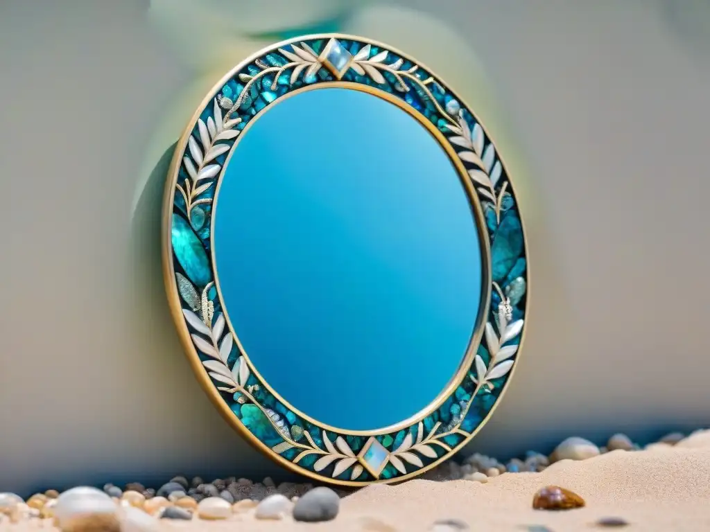 Espejo de nácar y abulón: artesanía costera de lujo Espejo con incrustaciones de nácar y abulón, reflejando tonos azules del mar