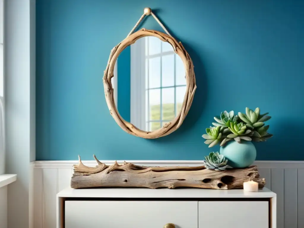 Espejo de madera a la deriva en baño costero sereno Un espejo de madera a la deriva en un baño costero 2023 con decoración marina y suculentas verdes