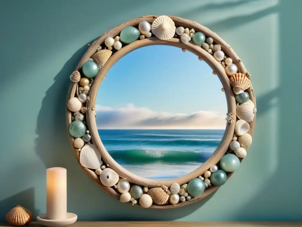 Espejo de madera a la deriva: reflejos de un atardecer costero Un espejo de madera a la deriva con detalles marinos en un dormitorio principal hogar costero