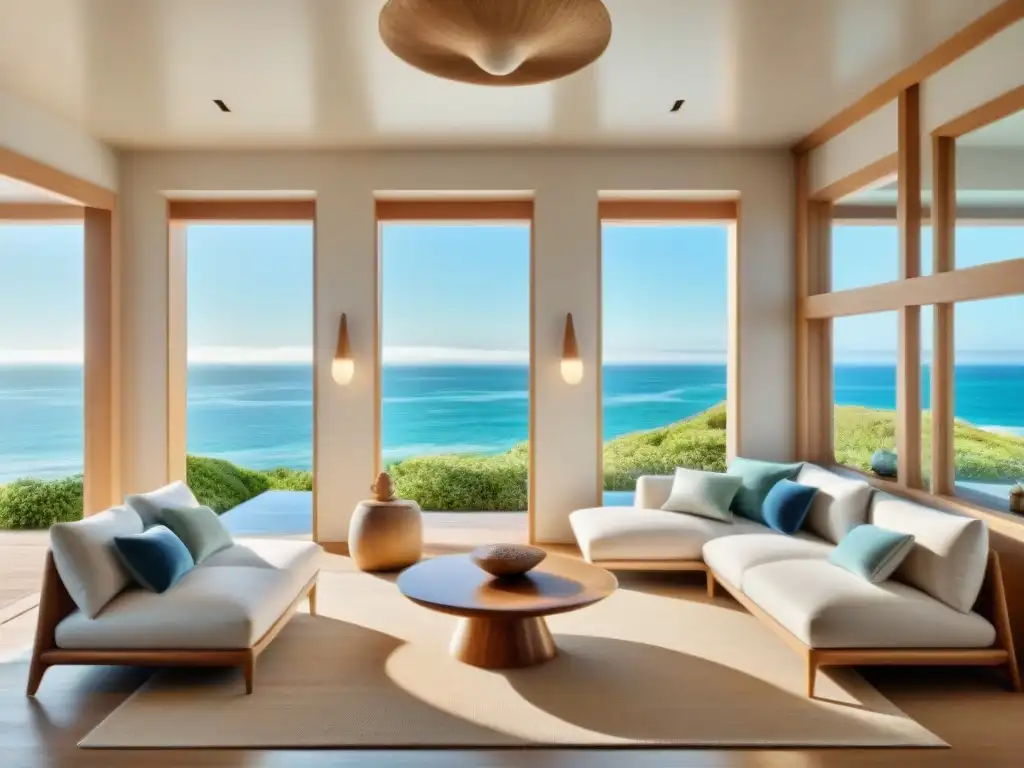 Salón costero con espejos estratégicos y vista al mar Espejos amplifican belleza del océano en una sala costera con decoración náutica y colores arena, azul y verde