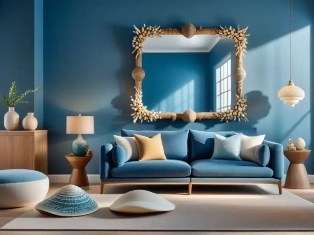 Ambiente costero: espejo amplifica decoración marina Espejos amplifican la belleza del océano en un salón costero decorado con elementos marinos y colores serenos