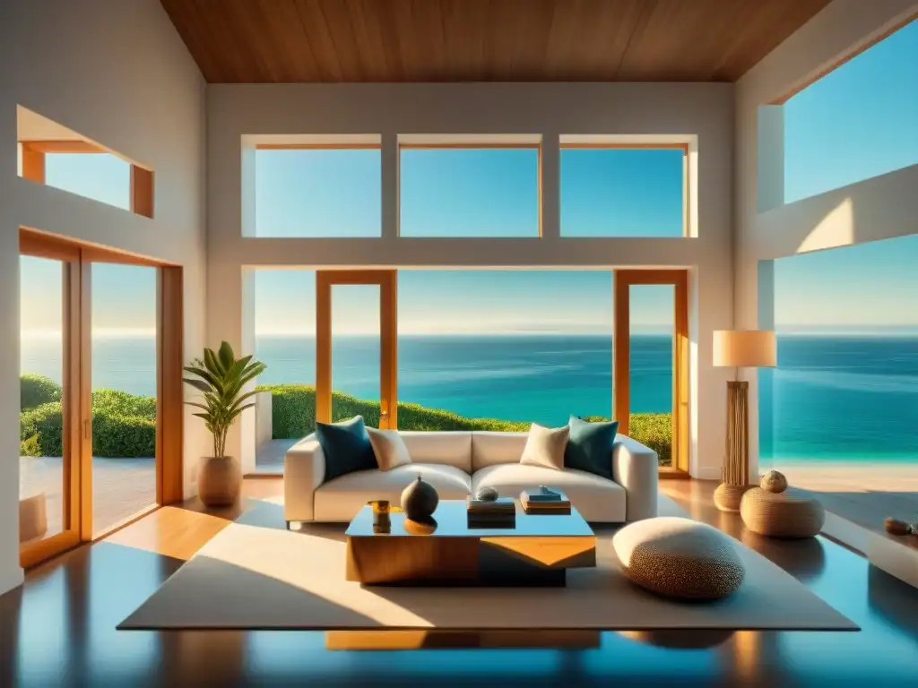 Espejos estratégicos crean ilusión de vista al mar en sala serena Espejos estratégicamente ubicados amplifican la belleza del océano en sala serena